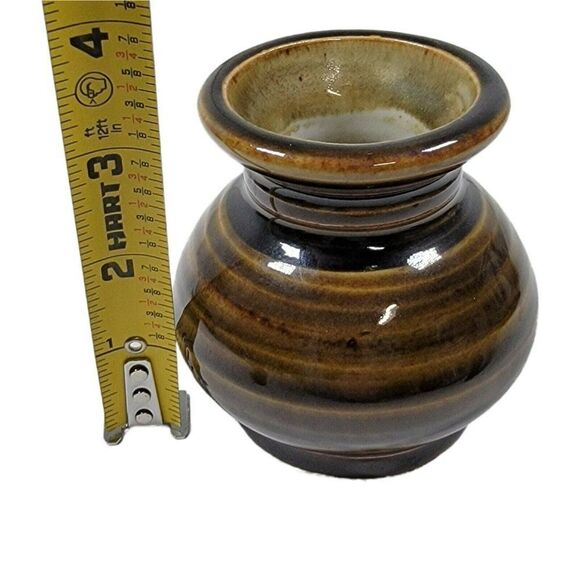 Vintage 3.5 Louis Mideke Brown Studio Pottery Bud Vase Leaf Tree High Gloss MCM - Picture 6 of 8